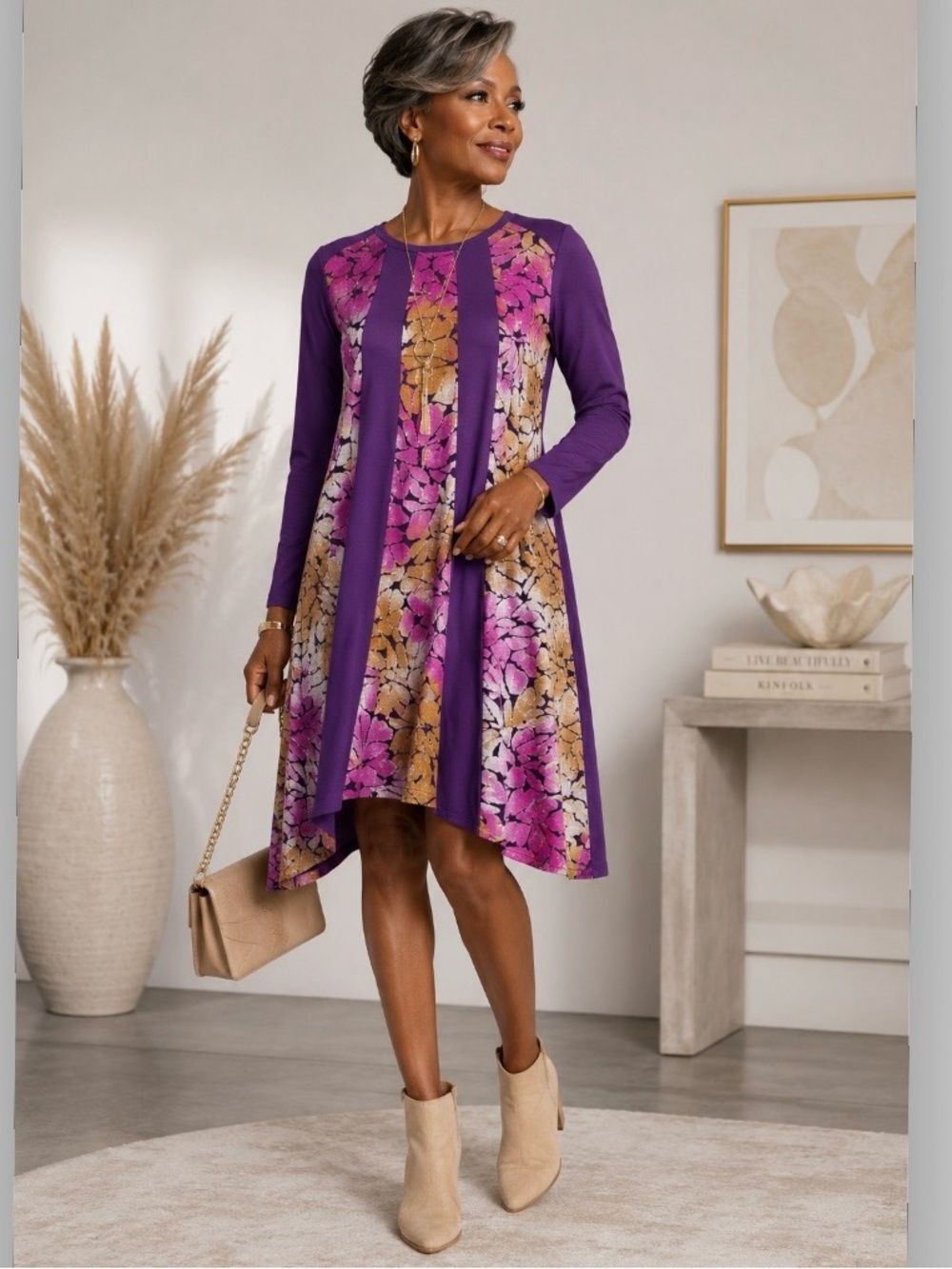 LOGO by Lori Goldstein Knit Pieced Jacquard Swing Dress Purple Pink Floral 3X